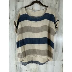 Pure Venice Womens Top Approx Size Medium Blue Tan Stripe High Low Hem READ